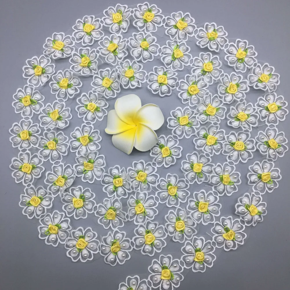 

GXINUG 50pcs Cotton Pearl Yellow Flower Embroidered Lace Trim Ribbon Fabric Handmade DIY Wedding Dress Sewing Supplies Craft