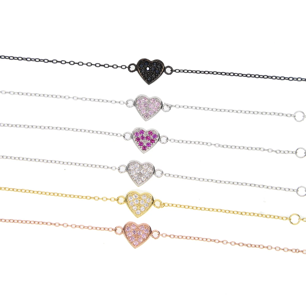 

6 colors tiny micro pave cz heart charm delicate girl gift 17cm length dainty chain valentines gift simple bracelet