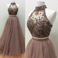 brown prom dresses a line halter tulle beaded two pieces party maxys long prom gown evening dresses robe de soiree