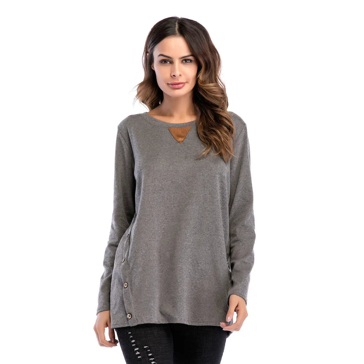 Женская однотонная черно белая футболка с круглым вырезом и пуговицами|Футболки|