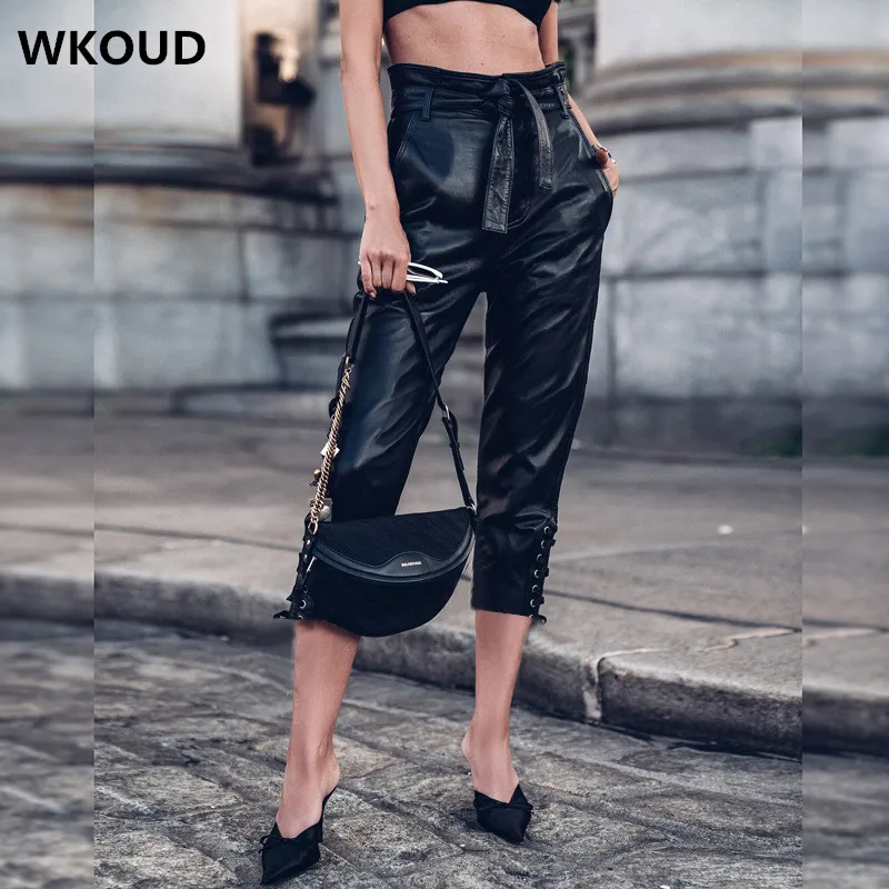 WKOUD/женские сексуальные однотонные черные спортивные штаны из искусственной