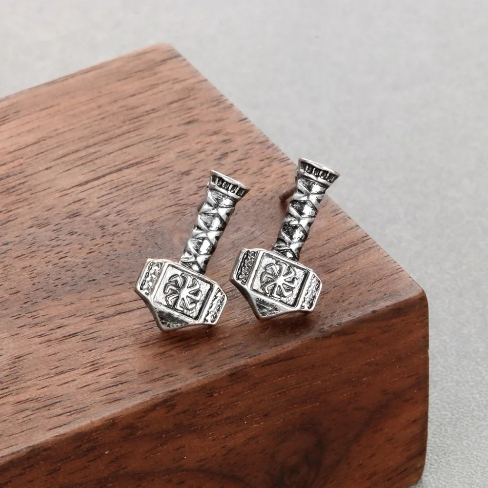 Chereda Thor's Hammer Stud Earrings Antique Silver Amulet Ancient Men Earring Metal Simple Unisex Jewelry | Украшения и