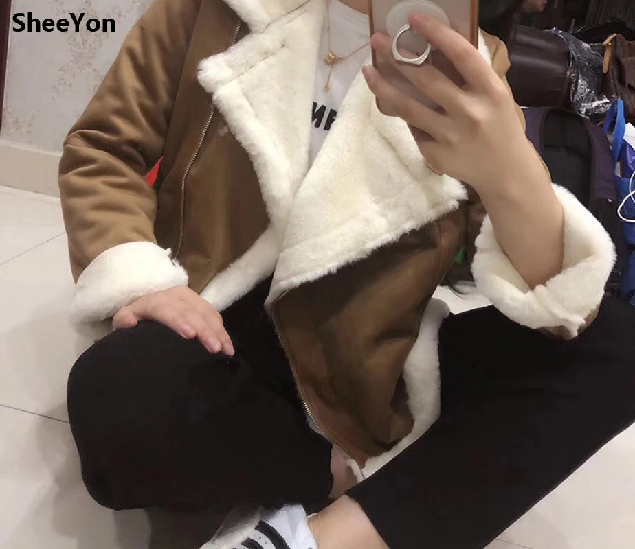 SheeYon Winter warm suede Patchwork lamb fur Jackets slim plus size zipper jacket women's Camel color 1001349 | Женская одежда