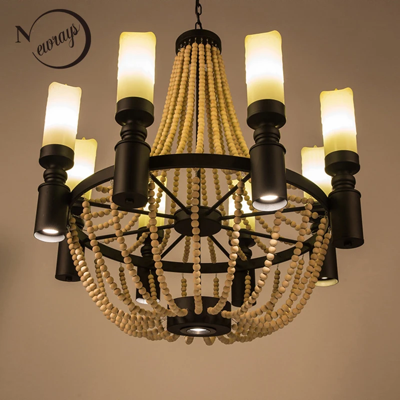 Американский кантри Лофт винтажные большие деревянные бусины Подвесная лампа E27
