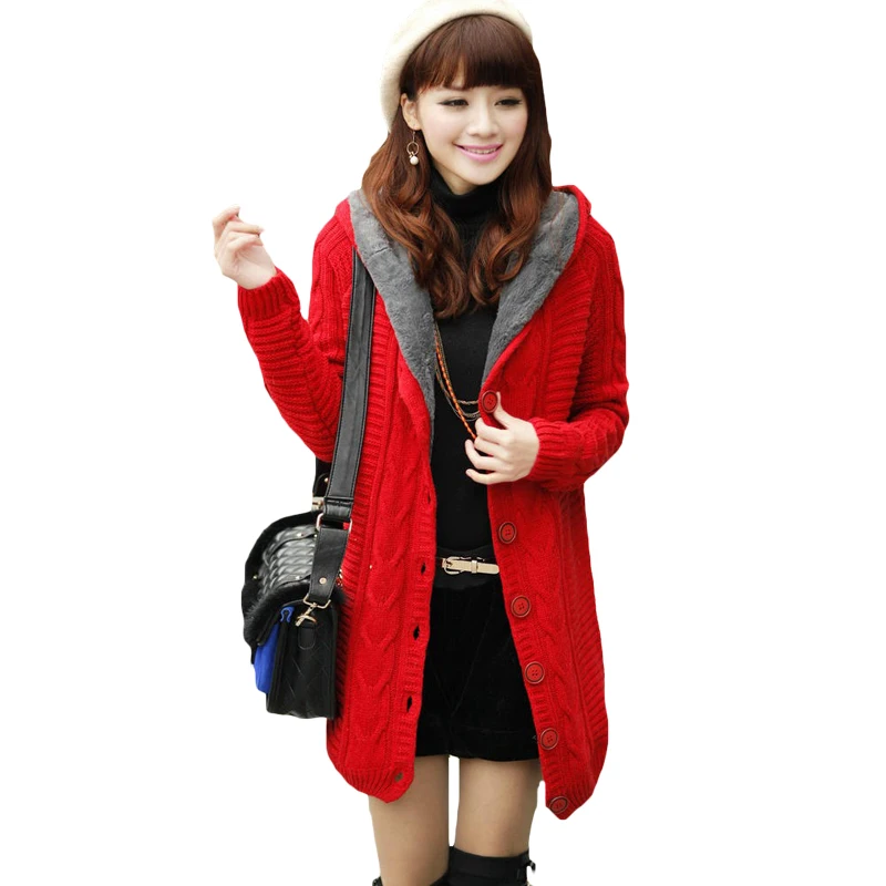 Женский вязаный свитер Свободный кардиган средней длины с капюшоном верхняя