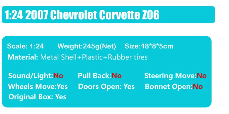 1/24 Масштаб Мини Chevrolet Corvette Z06 скат купе спортивные автомобили 2007 литые автомобили и модели miniaturas игрушки для коллекционеров