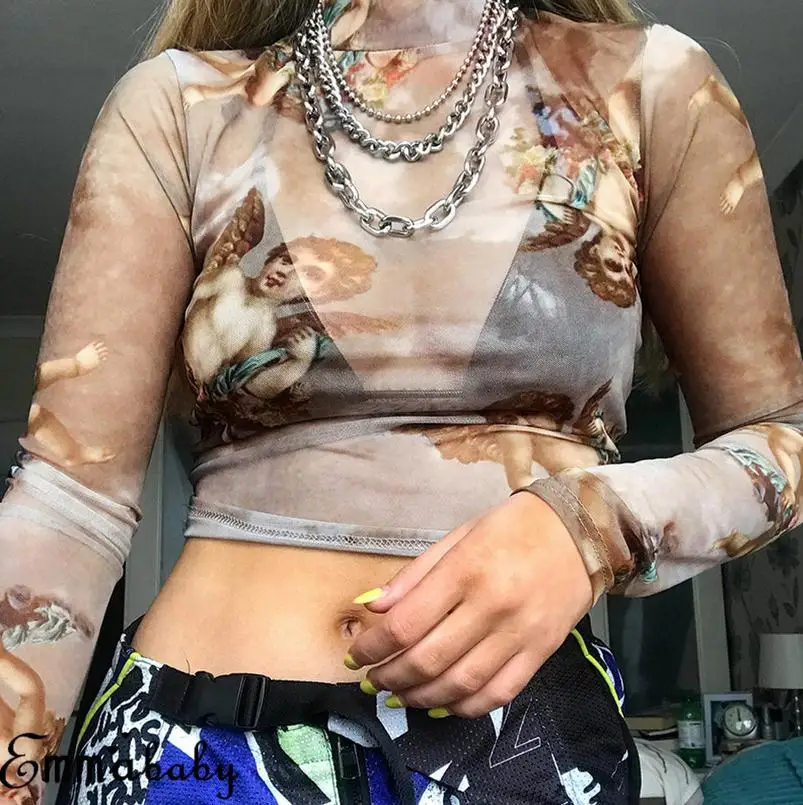 Хит продаж женский укороченный топ сексуальный сетчатый принт длинный рукав