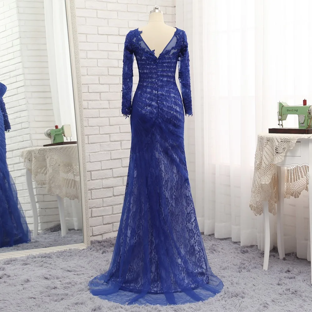 Длинное вечернее платье русалка с длинным рукавом и кружевной тюлевой
