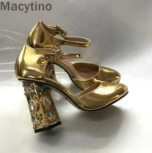 Золотой Macytino/Новинка года; роскошные золотистые туфли-лодочки; женские свадебные туфли на высоком каблуке 10 см; Туфли на каблуке с ремешком на щиколотке, украшенные стразами - Цвет: Золотой