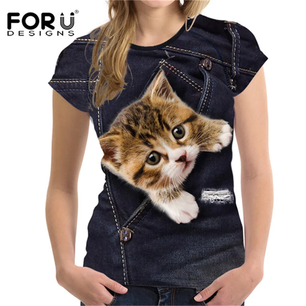 FORUDESIGNS/футболка с милым котом для женщин, Летний стиль, короткий рукав, женские футболки, 3D черный деним, с карманом, футболки для девочек, ropa mujer