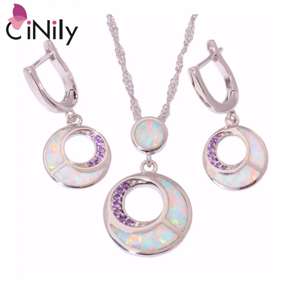 

CiNily Created White Fire Opal Purple Zircon Silver Plated Wholesale for Women Jewelry Gift Pendant Earrings Jewelry Set OT133