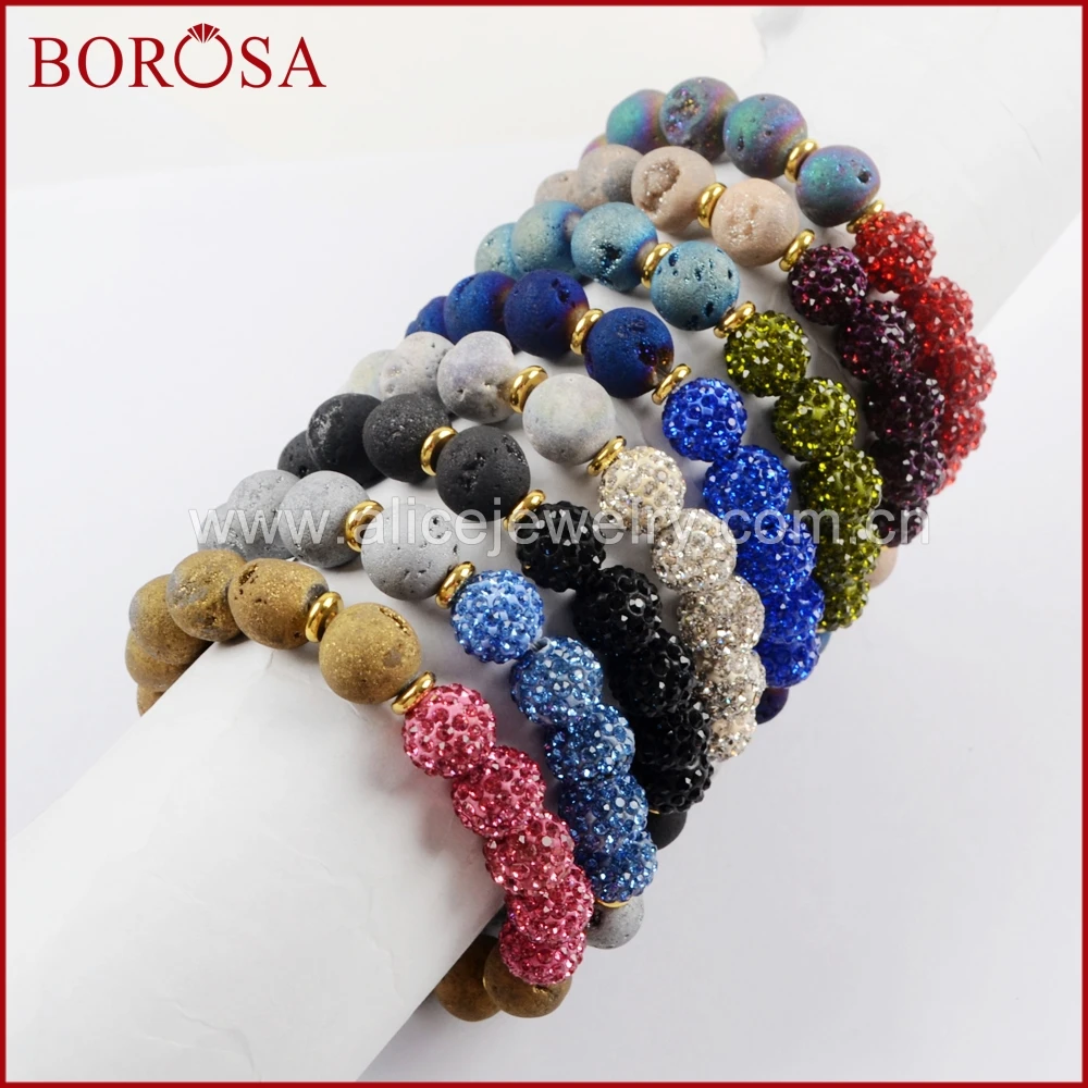 BOROSA 10PCS Fashion 10mm Round Rainbow Titanium Druzy With Disco Ball Beads Bracelet Gems Bangle For Women Jewelry G1575 | Украшения и