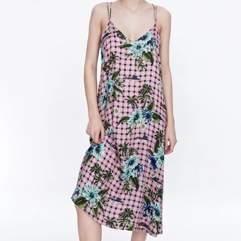 2019 Spring-Summer Chic Women Flower Print Long Dress Female Za Boho Plaid Spaghetti Strap Fashion Dresses vestidos de fiesta | Женская