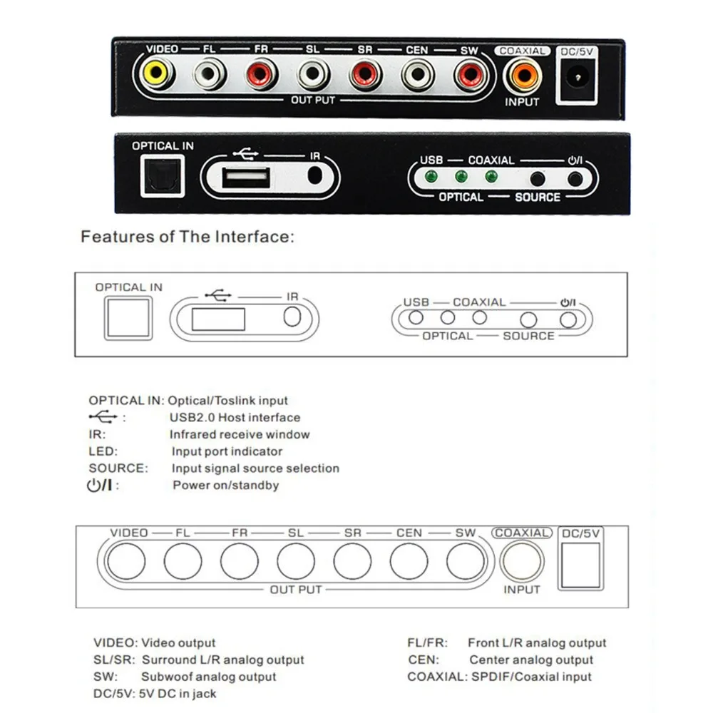Оптический SPDIF коаксиальный выход на 5.1CH аналоговый аудиоконвертер rca 5 1