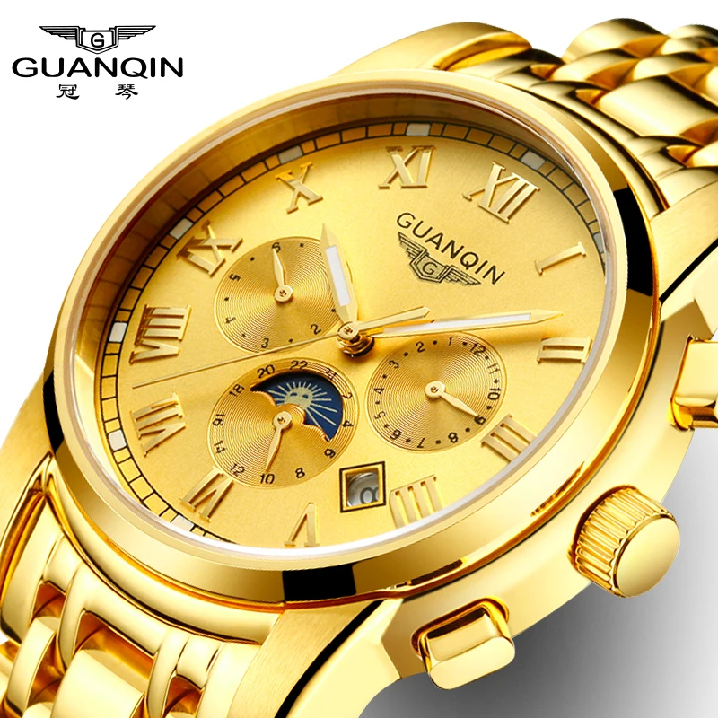 

Watch Men Gold GUANQIN Roman Watches Man Fashion Luxury Watch With Moon Phase Date Month Week Luminous 24 Hours Display Clock