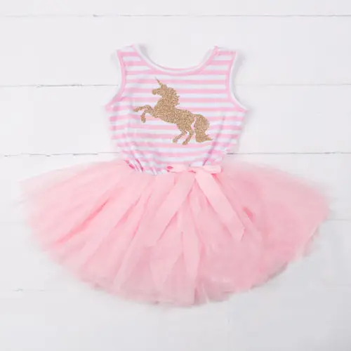 2018 New Pink Dress Sweet Baby Girls Unicorn Stirped Kids Princess Birthday Party Wedding Children Lace Tutu Dresses Hot | Детская