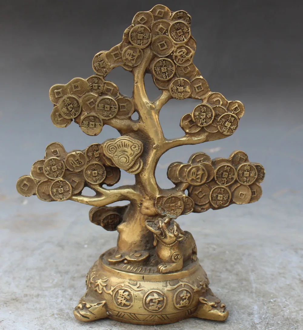 Marked Bronze BiXie Dragon Beast Pixiu Wealth Money Tree Treasure bowl Sculpture Healing Medicine Decoration 100% Brass Bronze