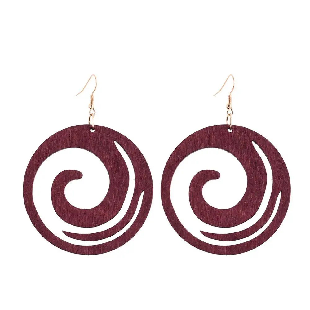 YULUCH Fashion Round Pendant Earrings Ethnic Bohemian Boho Black Green Wooden Hollow Cloud Hanging Earrings For Women Party Gift - Окраска металла: Red