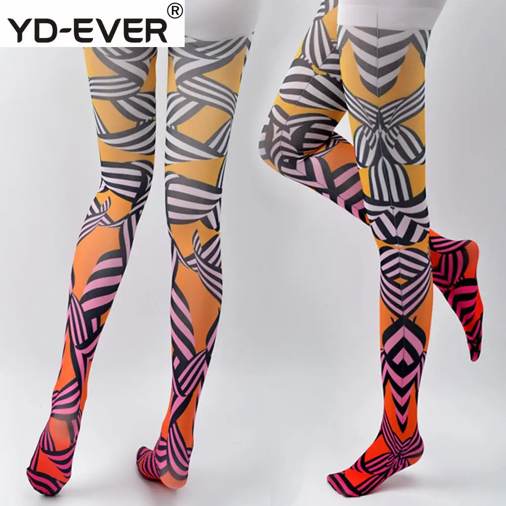Женские колготки оригинальные оранжевые чулки с градиентным узором жаккардовые