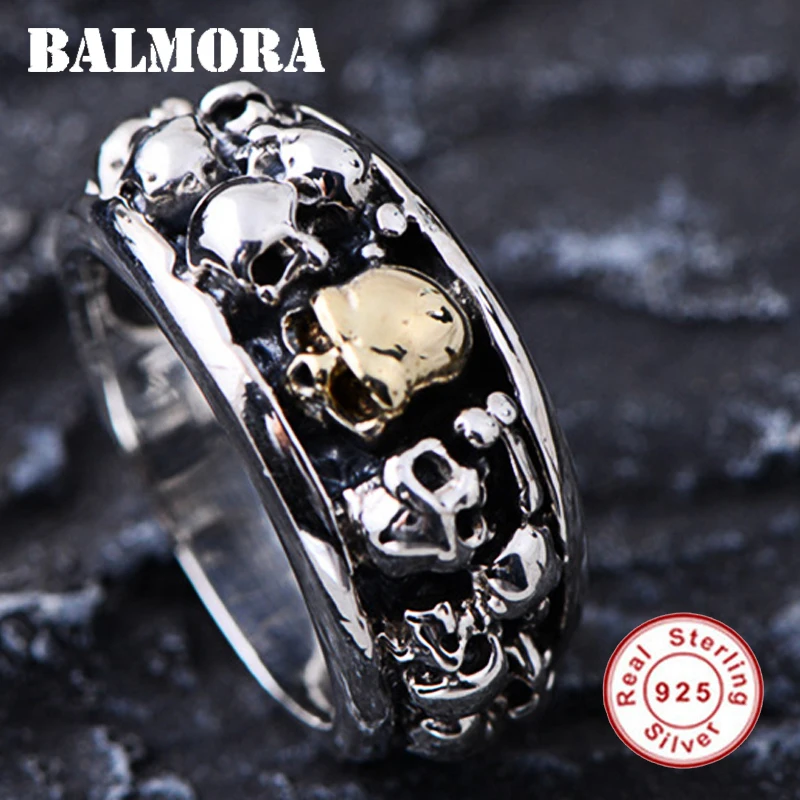 BALMORA Твердые 925 пробы серебряные кольца с черепом для мужчин Панк Мода Винтаж Скелет тайское серебрянное кольцо ювелирные изделия Anillos JR042205