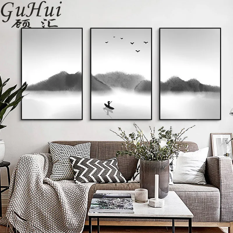 Тихая картина с изображением озера и гор современный китайский пейзаж