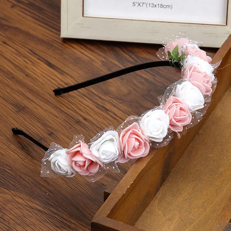 white pink Haimeikang ободок для девочек аксессуары для волос цветок ободок для волос головной убор Венок Романтический обруч для волос красный цвет свадебный головной убор - Цвет: white pink
