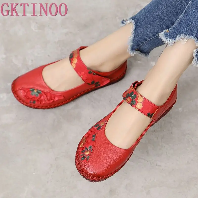 

GKTINOO Spring Fashion Flower Design Round Toe Soft Bottom Flat Shoes Vintage Genuine Leather Women Flats Girl Loafer Large Size