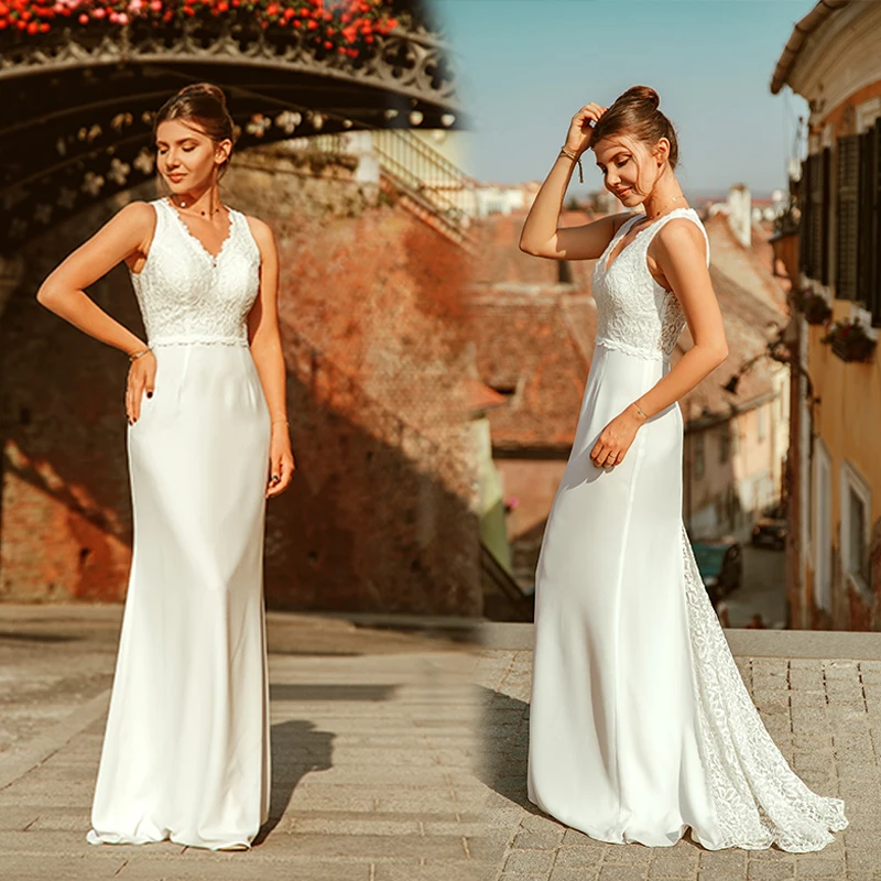 Ever Pretty Robe De Mariee новые элегантные кружевные свадебные платья с v-образным вырезом без рукавов с коротким шлейфом Простые Свадебные платья EP07385CR