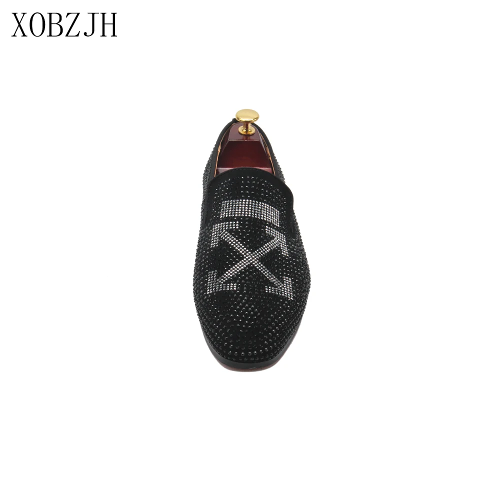 XOBZJH/Мужская обувь; коллекция года; роскошные мужские свадебные Лоферы черного цвета со стразами; дизайнерские кожаные туфли с красной подошвой; большие размеры