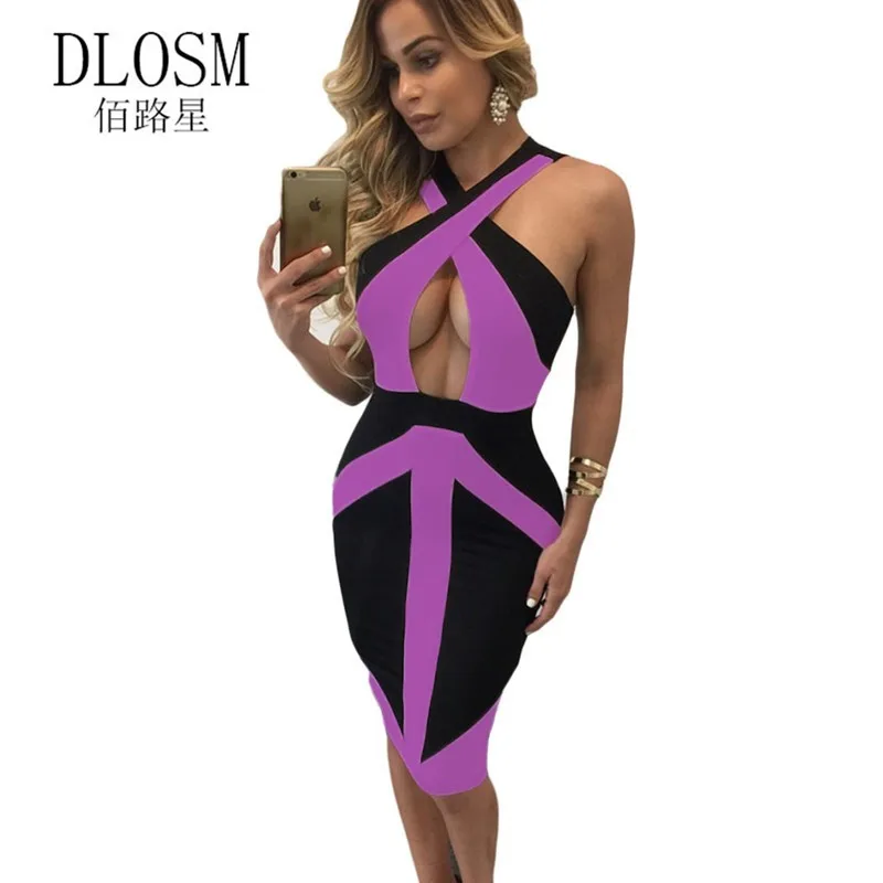 DLOSM Черный Фиолетовый Colorblock Крест Передняя С Плеча Bodycon Платье Халат Сексуальный