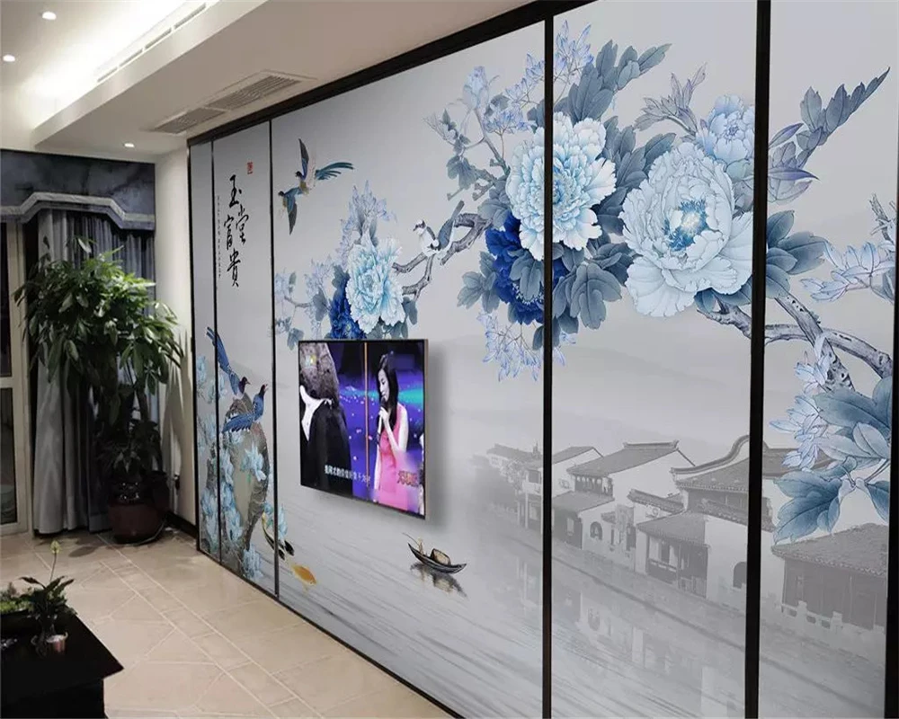 Пользовательские модные шелковистые 3d обои в китайском стиле перо пион богатая