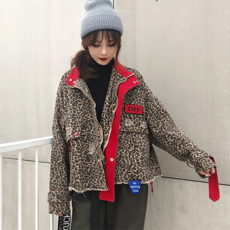 2019 Весенняя новая леопардовая джинсовая куртка женская модная ВИНТАЖНАЯ
