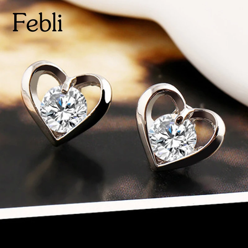 Febli Romantic Flower Heart Crystal Stud Earrings Alloy Silver Color Design Zircon Fashion Jewelry For Women | Украшения и