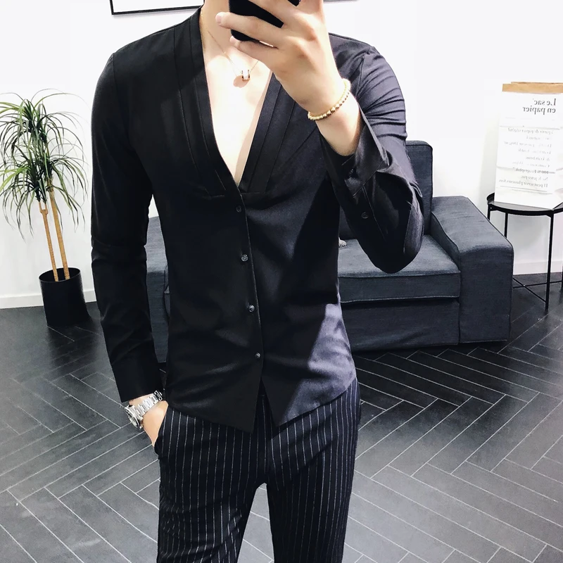 рубашка мужская осень новый платье V образный вырез Slim Fit с длинным