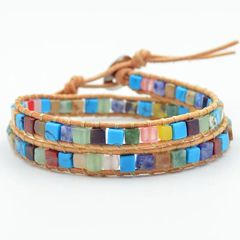 Women Leather Bracelets High End Mix Natural Stones 2 Strands Wrap Vintage Weaving Bead Bracelet Dropshipping | Украшения и