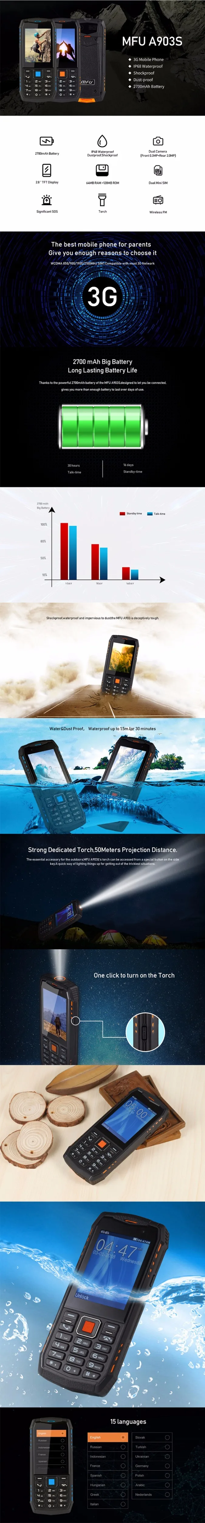 MFU 3g WCDMA прочный телефон с функцией телефона 2," большой дисплей IP68 водонепроницаемый GPRS двойная камера SOS Вызов скорость набора для наружного использования