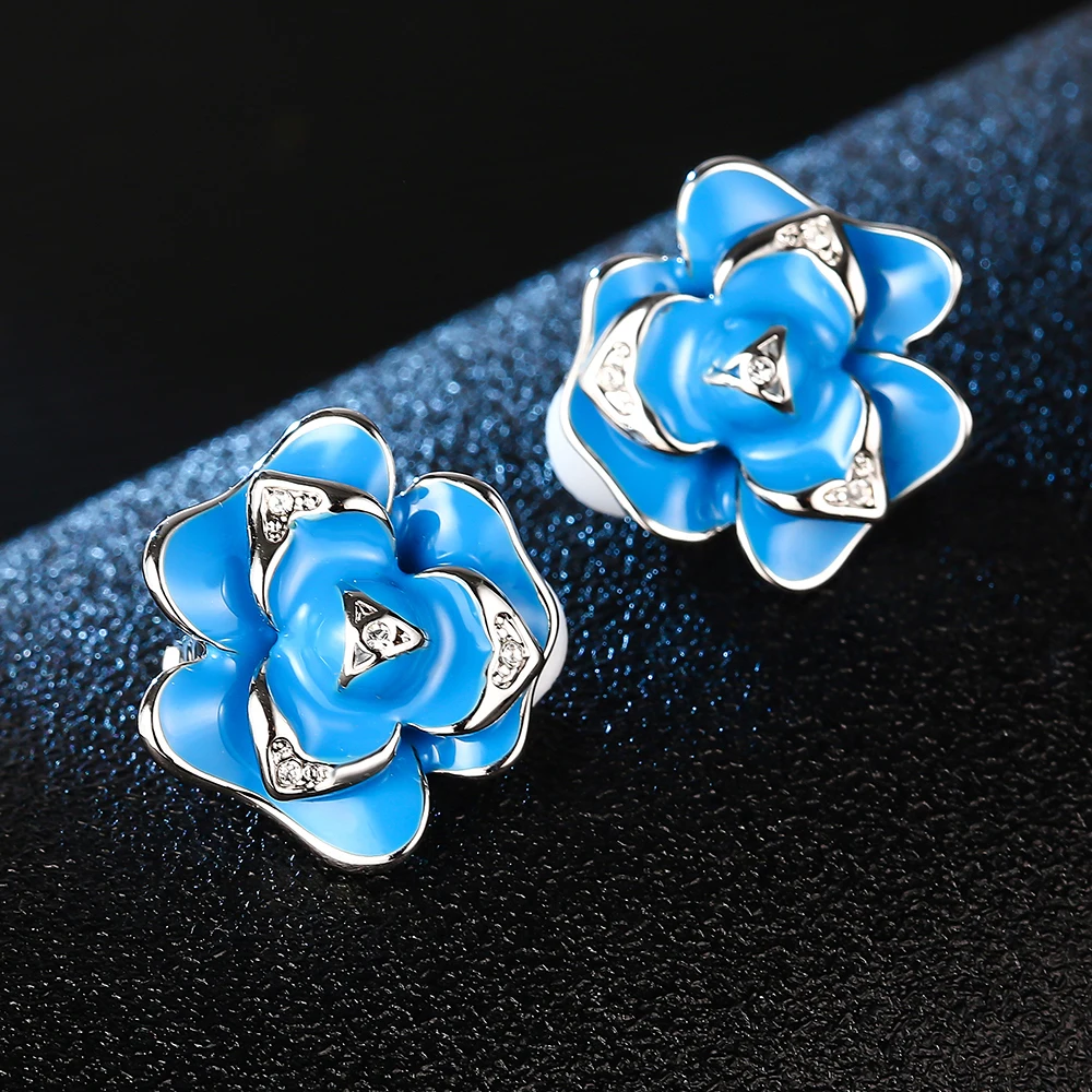 SUKI S925 Silver Blue Enamel Rose White Crystal from Austrian Pave Party Multilayer Clip on Earrings For Women Girls Gift | Украшения и
