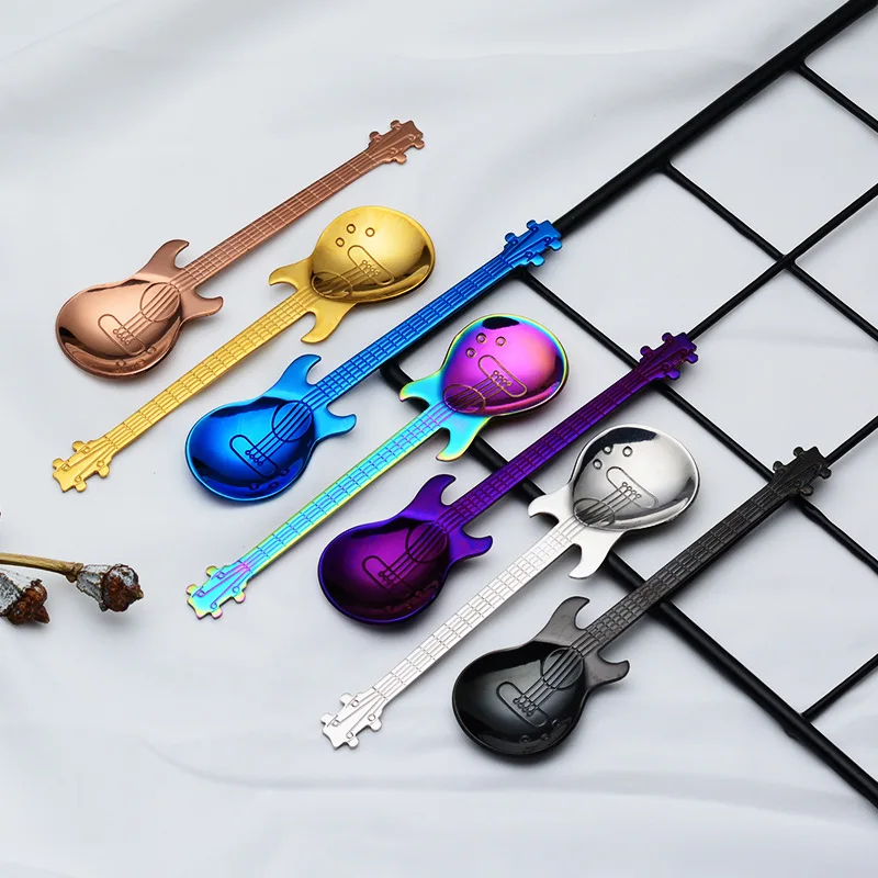 

Stainless Steel Spoon Coffee Guitar Shape Music Theme Tea Stirring Spoon Small Ice Cream Dessert Scoop Creative Flatware Gifts