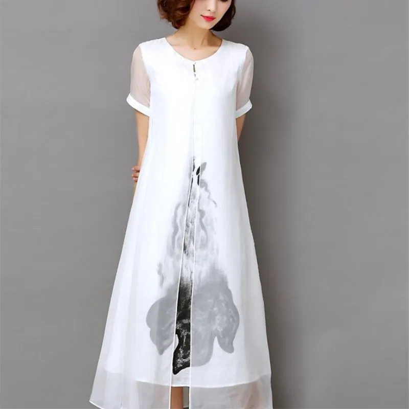 Женское длинное платье с принтом белое льняное хлопковое коротким рукавом