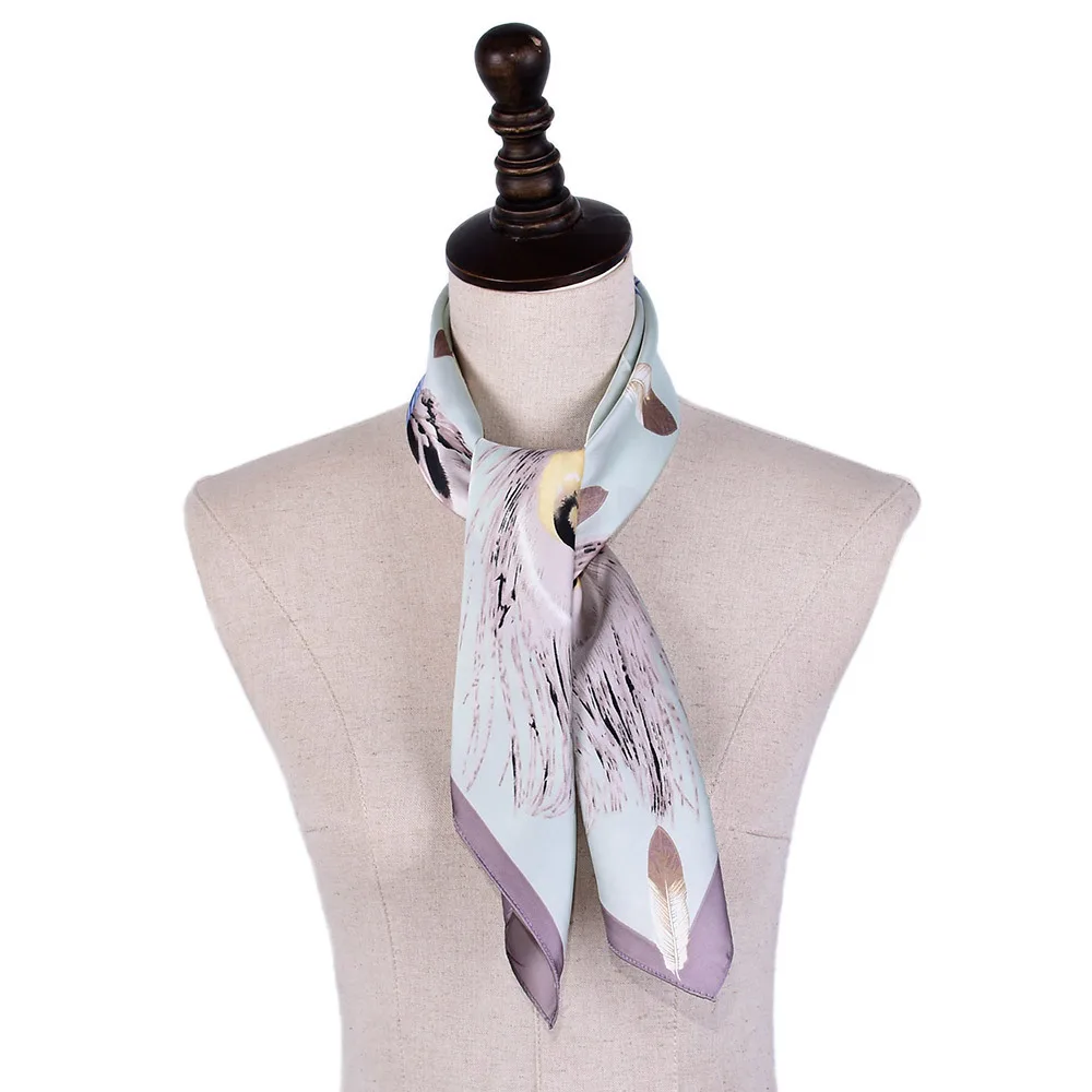 Autuam Women Square Scarf 70x70 Handkerchief feather Flower Printed silk Scarves Fashion Headbands Spring Small Bandana | Аксессуары для