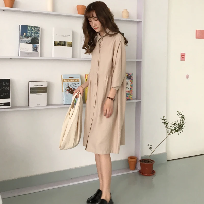2 цвета женское летнее платье миди с коротким рукавом Vestidos повседневное однотонное свободное платье-рубашка женское s(C6023