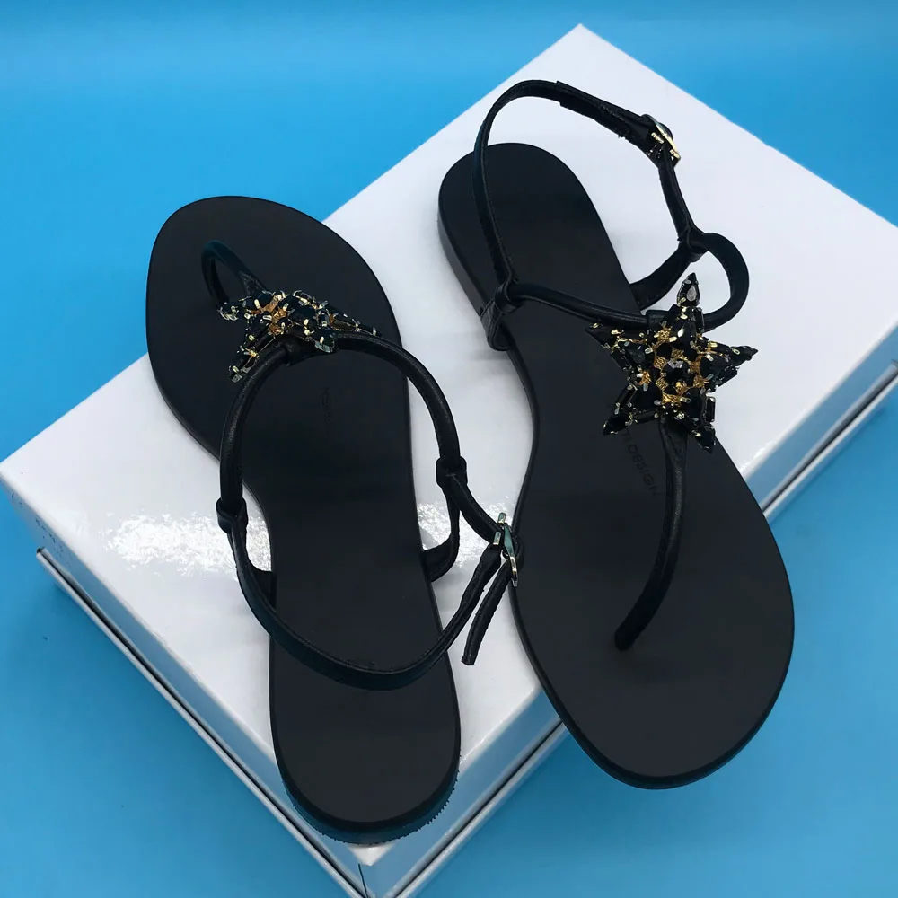 Women Sandals Black Star Rhinestones Design Beach Strappy Sandals G039 Cow Leather Flats