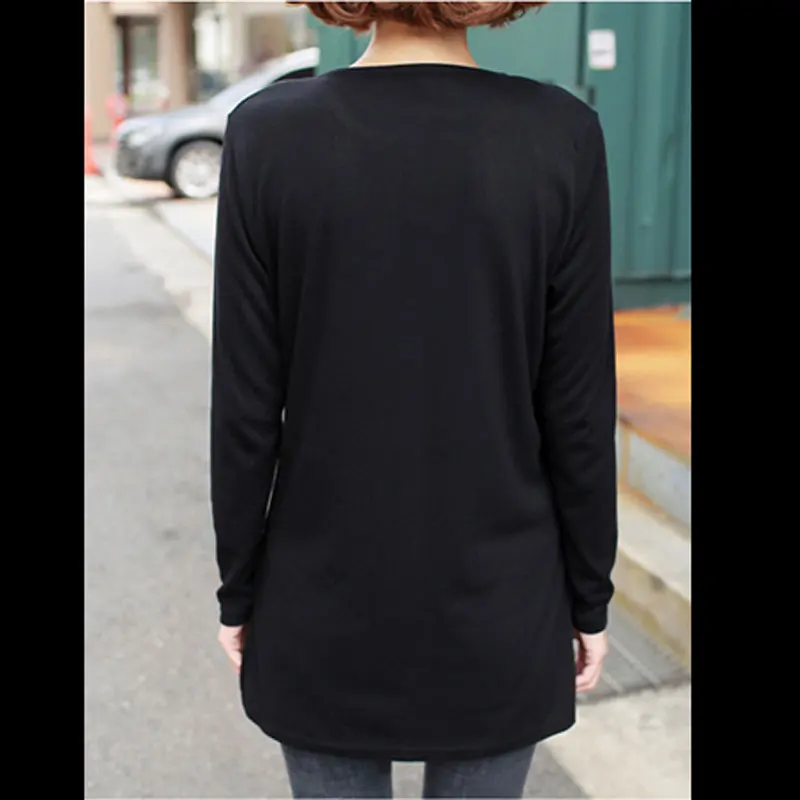 2018 модная Осенняя однотонная женская футболка с V-образным вырезом средней длины