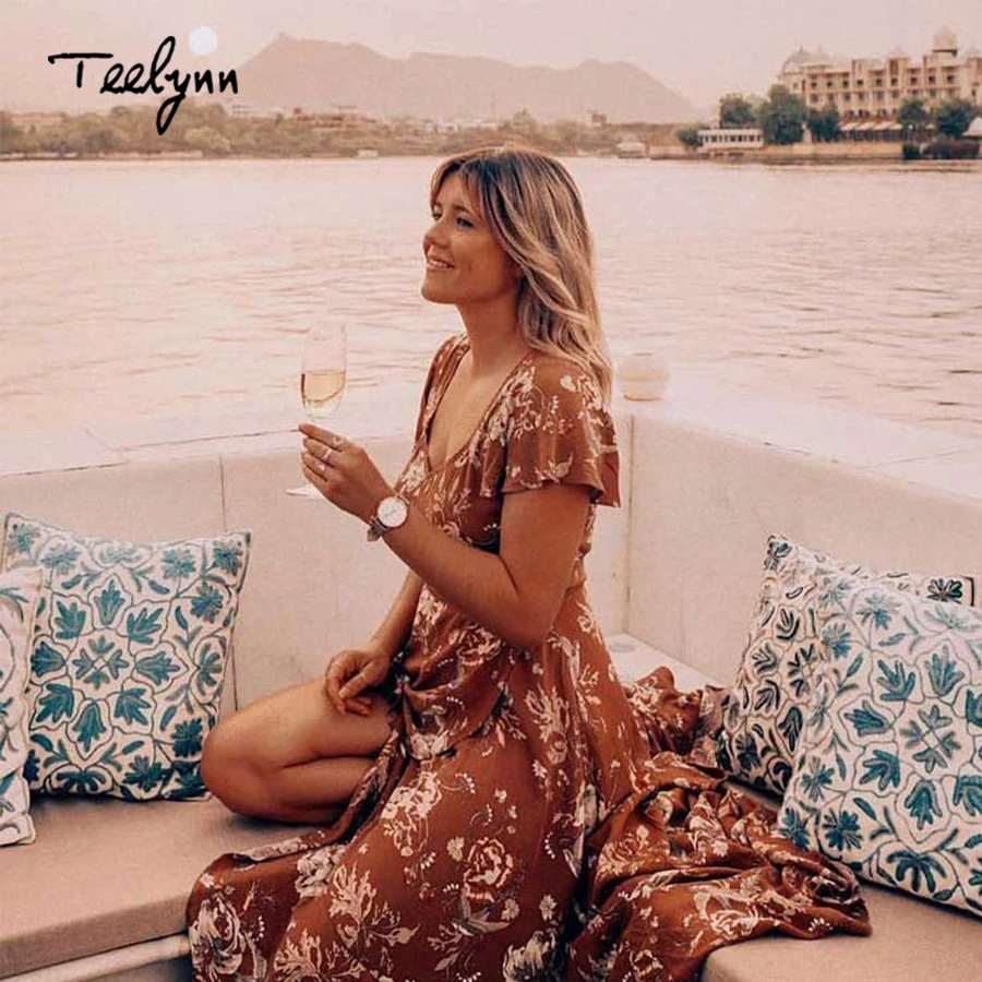 TEELYNN длинное платье в стиле бохо Осеннее темно-хаки вискозное с цветочным принтом