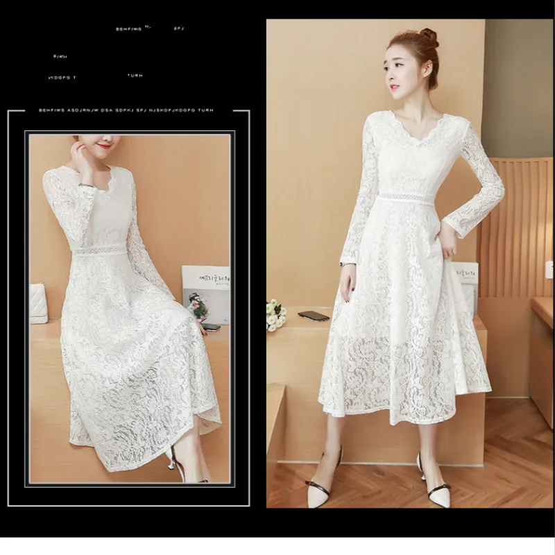 AreMoMuWha V collar lace long-sleeved dress 2019 Spring Autumn New style bottom medium length built knee dressmh329 | Женская одежда
