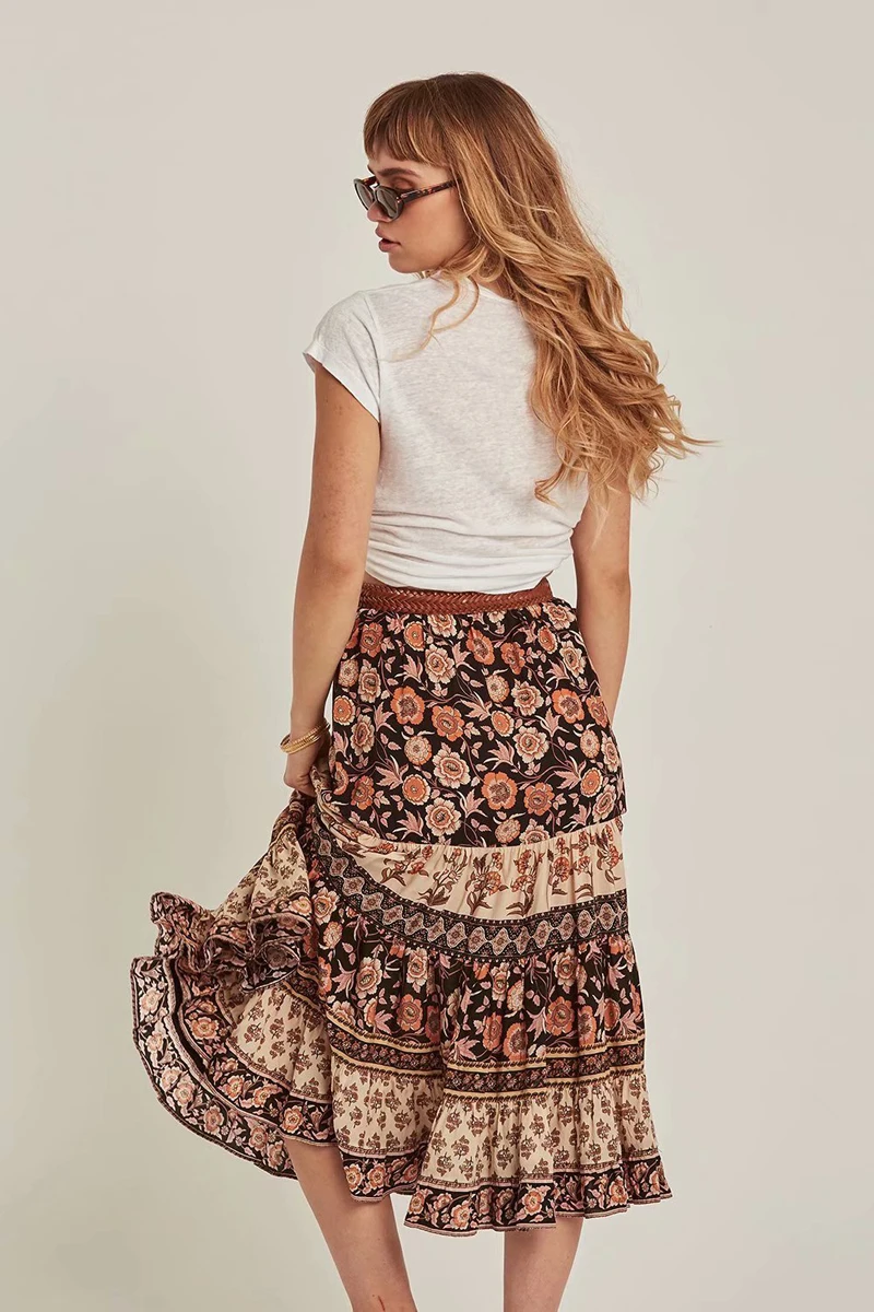 TEELYNN boho юбка коричневая вискоза цветочный принт летняя юбка шнурок талии трапециевидной формы Пляжная одежда Повседневная хиппи длинные юбки falda