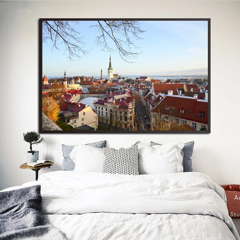 Вид маленького старого Европейского загородного города HD печать фото плакат