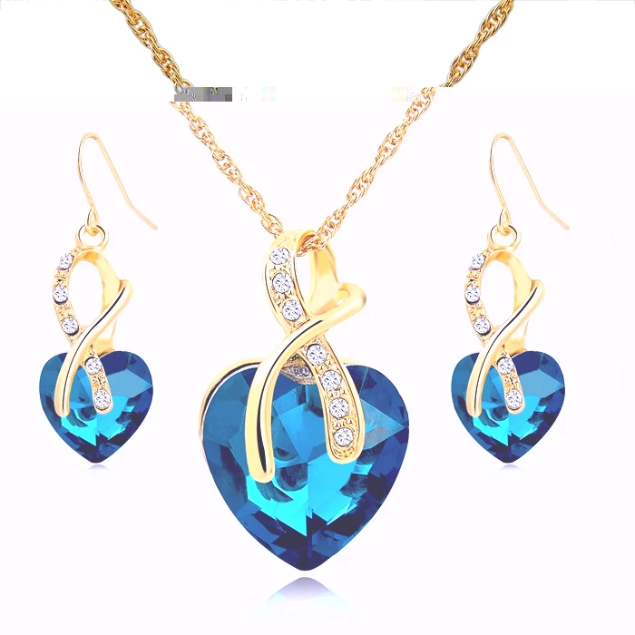 Gold Blue TOUCHEART Подвески Свадебные бусы ювелирный набор кристалл золотой цвет сердце массивные ожерелья серьги женские Синие Ювелирные изделия Set140044 - Окраска металла: Gold Blue