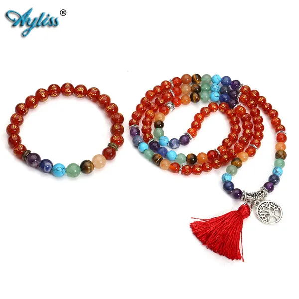 1 Set Red Agate Ayliss 108 буддийские четки Мала тибетский буддийский шесть настоящий браслет с надписью ожерелье 7 Исцеление чакры Crsytal черный/красный ювелирные изделия из оникса - Окраска металла: 1 Set Red Agate