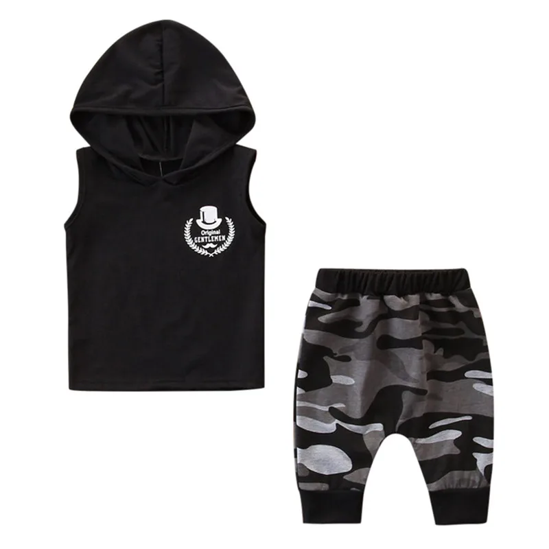 Children's clothes summer new Toddler Kids Baby Boy Outfits Letter Print Hooded Vest Tops+Camouflage Pants Set #3A25 |